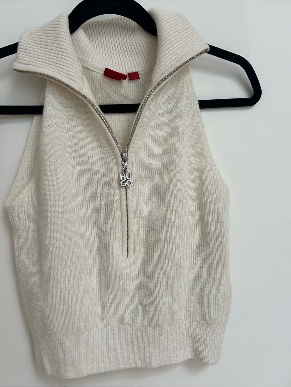 HUGO Cream Ribbed Zip Halter Sweater Top